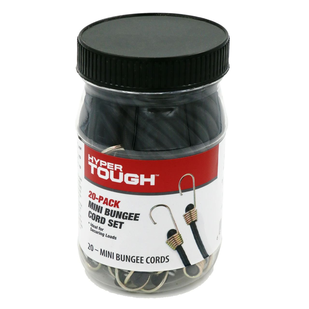20-piece set of Mini Bungee Cords packed in a clear plastic jar.