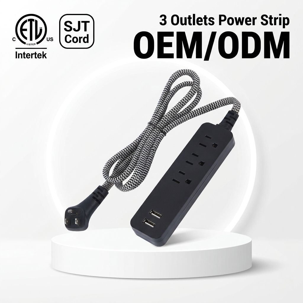 6Ft 16/3 Braided Flat Plug 2 USB Indoor Extension Cord Surge Protector Power Strip