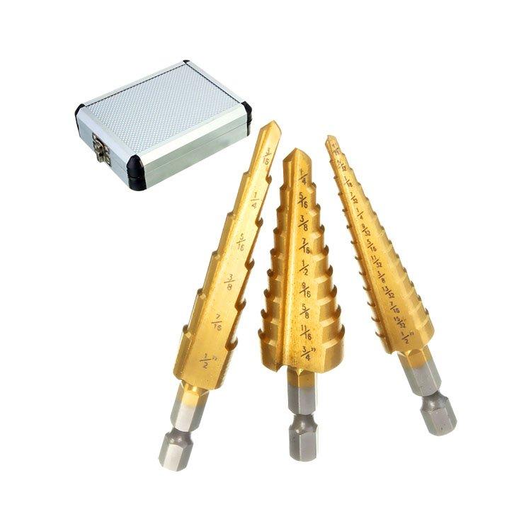 3Pcs Set Inch Hex Shank Straight Flute Titanium HSS Step Drill Bit