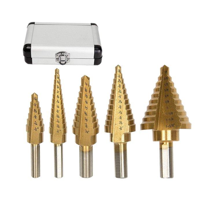 5Pcs Inch 3 Flats Shank Straight Flute Titanium HSS Step Drill Bit Set