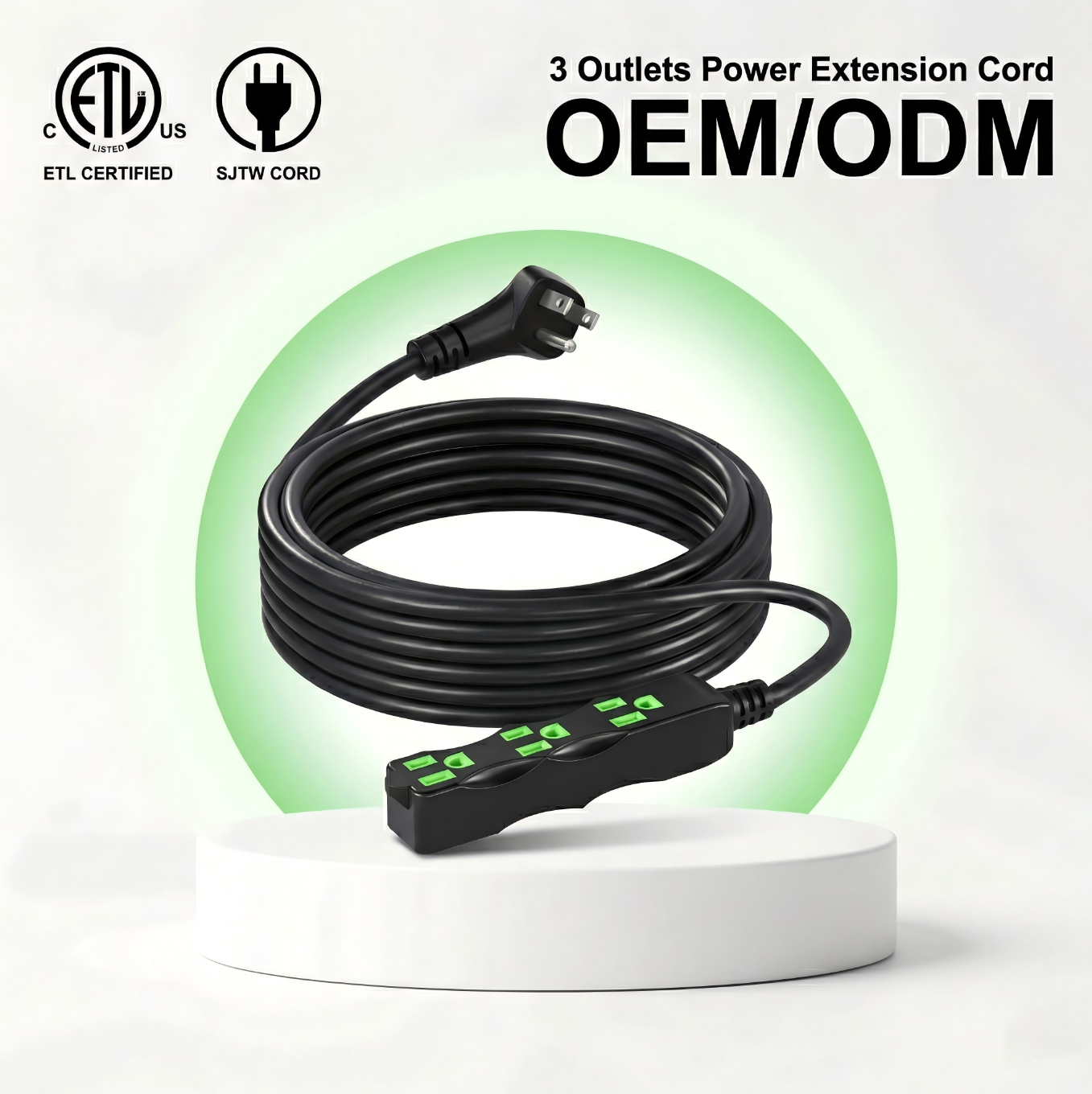 SJTW Weatherproof Wall Hugger Flat Plug 3 Outlet Power Extension Cord