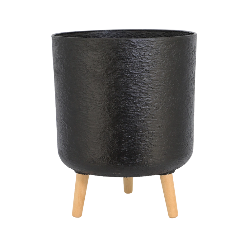 Gypsum-Like Cylindrical Planter with Wooden Legs